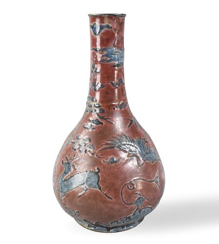 Korean Copper Red &Blue Vase w/ Crane &Deer,17th C