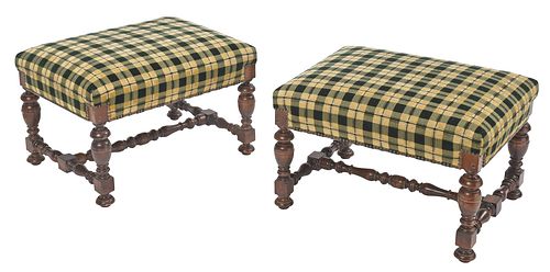Pair of Louis XIII Style Cut Velvet Upholstered Walnut Ottomans