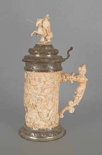 German carved ivory stein with silver mounts, 18th