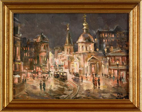 Russian oil on canvas city street scene, 20th c.,