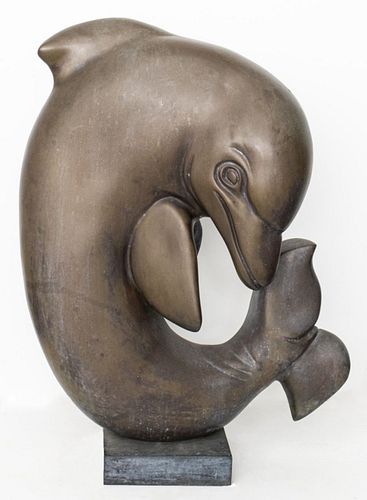 Modern Patinated Bronze Dolphin Sculpture