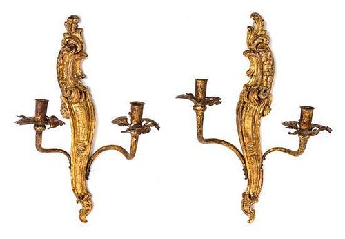 * A Pair of Giltwood Two-Light Sconces Height 20 inches.