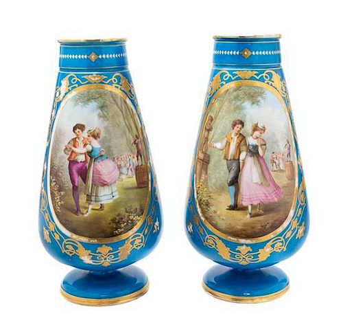 A Pair of Sevres Style Porcelain Vases Height 16 1/2 inches.