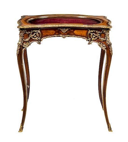 A Louis XV Style Gilt Bronze Mounted Burlwood Vitrine Table Height 27 1/2 x width 24 x depth 14 inches.
