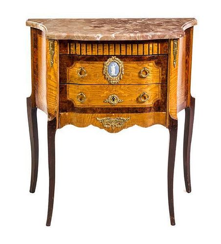 * A Transitional Style Fruitwood and Marquetry Commode Height 30 x width 27 x depth 15 inches.