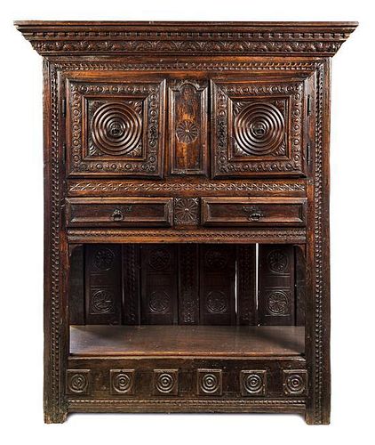 * A French Provincial Carved Oak Court Cupboard Height 79 x width 59 x depth 20 inches.