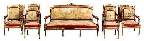 A Louis XVI Style Carved Giltwood Salon Suite Height of settee 44 x width 70 x depth 30 inches.