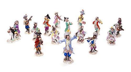 A Meissen Porcelain Fifteen-Piece Monkey Band Height of tallest 7 inches.