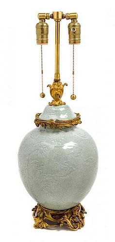* A Gilt Bronze Mounted Chinese Celadon Vase Height 23 1/2 inches overall.