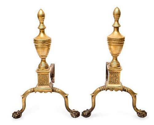 A Pair of American Brass Andirons Height 18 inches.