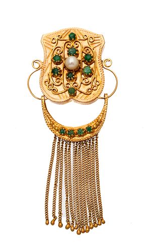 Victorian 18kt Gold, Emerald & Pearl Pendant With Tassel T.w. 33 Gr, 28.8g