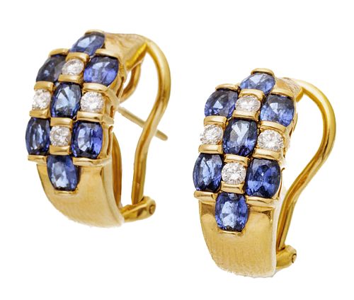 18K Gold, Sapphire And Diamond Earrings 9g 1 Pair