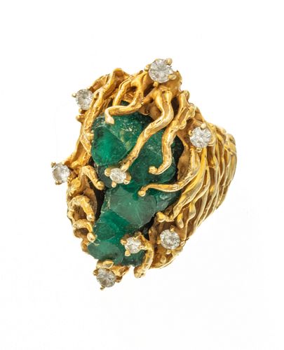 Gold, Natural Emerald And Diamond Ring, Size 5 25.2g