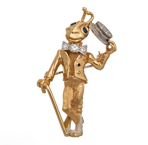 Dan Frere 14kt Yellow Gold With Diamonds, Jiminy Cricket With Top Hat, Brooch H 1.5" 8.2g