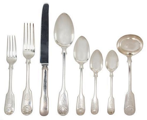 An Assembled English Silver Flatware Service, John Whiting, London, 1850-55, of fiddle back design with shell terminal and en