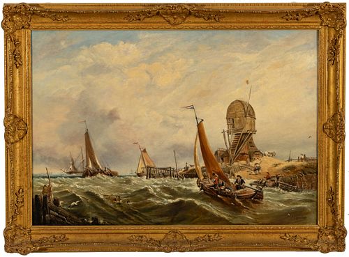 George Chambers Sr. (English, 1803-1840) Oil On Canvas, Harbor Scene, H 26" W 37"