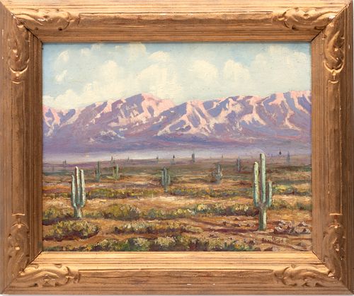 Oscar A. Strobel (American, 1891-1967) Oil On Board, "Sunset On The Arizona Desert", H 14" W 18"