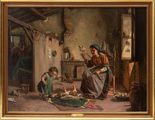 Attributed to Eugenio Zampighi, Copy Of F. Scalini; After Gaetano Chierici (ITALIAN) Oil On Canvas Young Mother's Happiness, H 27.5" W 37"