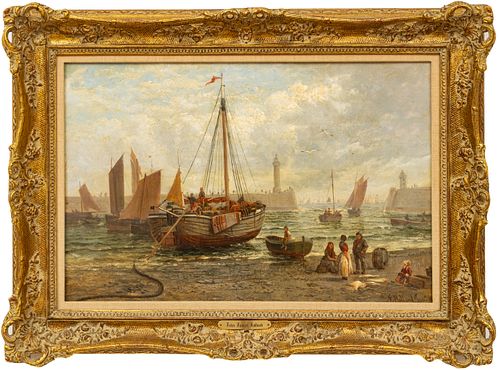 John Holland Jr. (British, 1830-1886) Oil On Canvas, Ca. 1880, English Harbor Scene, H 14" W 21"