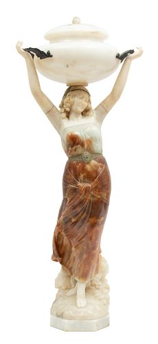 Giuseppe Gambogi (Italian, 1862-1938) Carved Onyx, Alabaster And Marble Figural Lamp, Ca. Early 20th C., H 38" W 14.5"