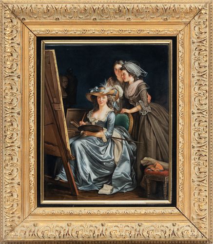 After Adelaide Labille-Guiard (French, 1749-1803) Hand-painted Porcelain Plaque "Self-Portrait With Two Pupils ", H 15.5" W 12"