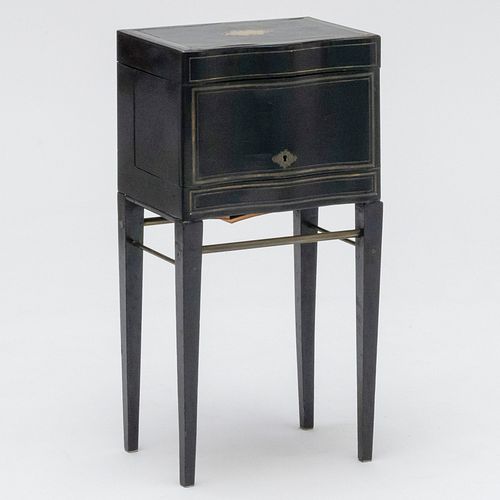 Edwardian Brass-Inlaid Black Painted Decanter Box on Stand