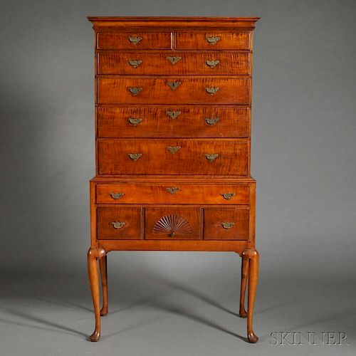 Queen Anne Carved Tiger Maple Flat-top High Chest