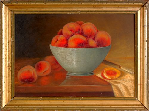 Oil on board still life of peaches, late 19th c.,i