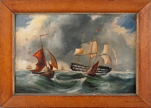 Oil on canvas ship painting, 19th c., depicting aa