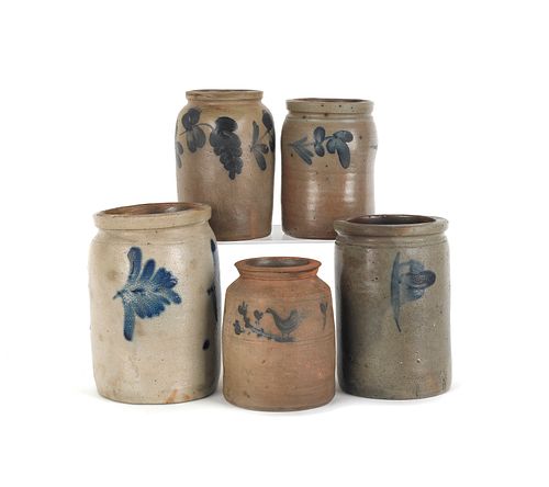 Five American stoneware crocks, 19th c., with coba
