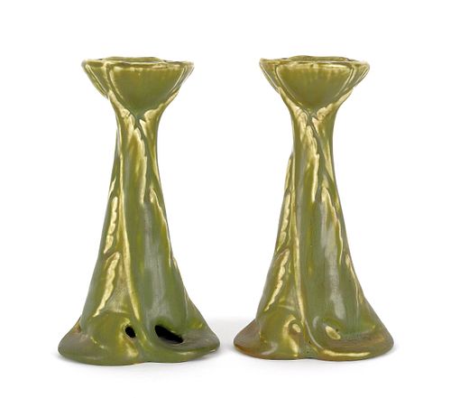Pair of Rookwood pottery candlesticks, 6 3/4" h.
