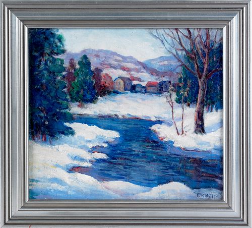 Oil on canvas winter landscape, early 20th c., sig