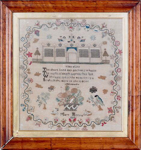 Silk on linen sampler, dated 1834, wrought by Mary