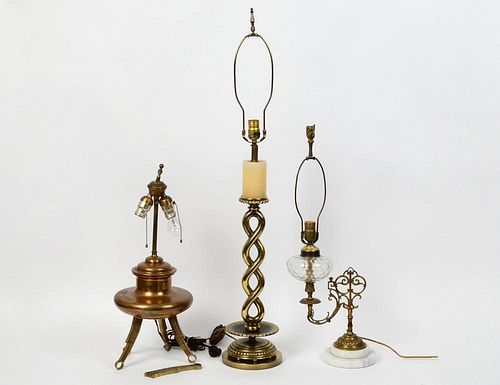 THREE VARIED BRASS LAMPS