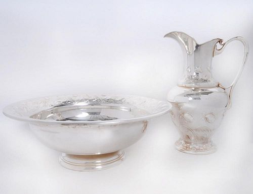 LATIN AMERICAN SILVER PLATE EWER AND BASIN
