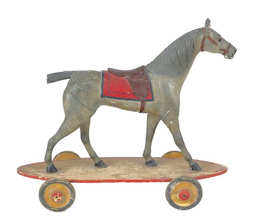 Carved and painted hackney horse pull toy, ca. 190