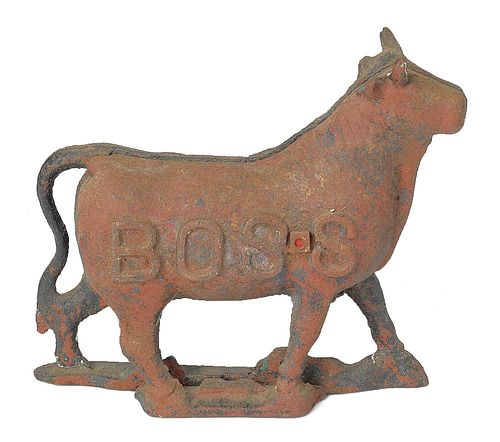 Cast iron bull mill weight, 19th c., embossed Boss