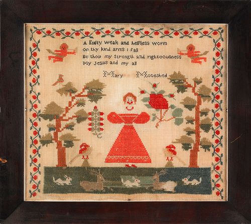 Wool needlework sampler, mid 19th c., wrought by M