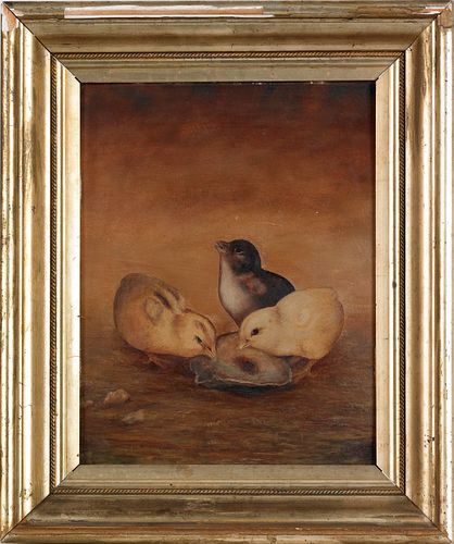 Oil on board of three chicks, signed A Cold Winter