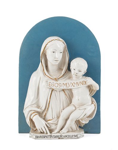 Cantagalli faience plaque of the Madonna and child