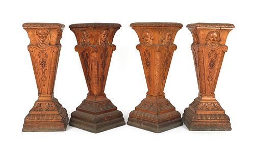Set of four carved oak pedestals, ca. 1900, 38" h.