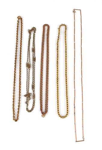 Five gold chains, various links and beads, all 14K