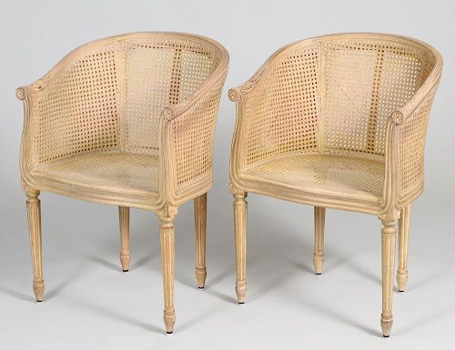 FOUR LOUIS XVI STYLE BLEACHED CANED TUB CHAIRS