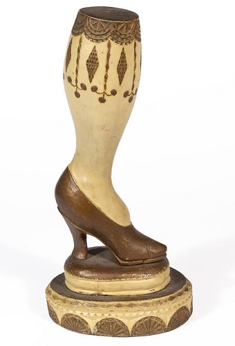 AMERICAN FOLK ART CARVED AND PAINTED PINE LADY'S LEG