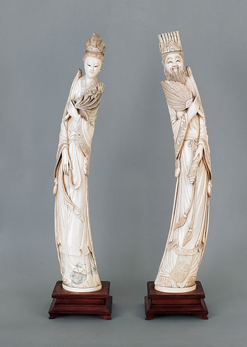 Pair of Chinese carved elephant ivory tusk figures