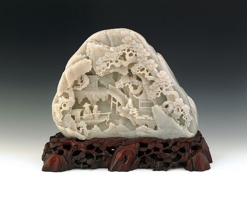 Large Chinese carved jade mountain, 9 3/4" h., 12/