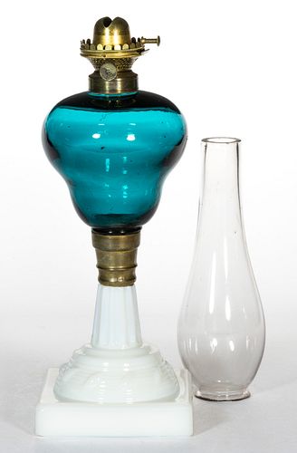 FREE-BLOWN COLORED GLASS KEROSENE STAND LAMP