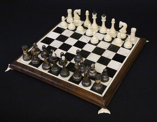 Rare Whaleman Made Chess Set and Gameboard, circa 1850