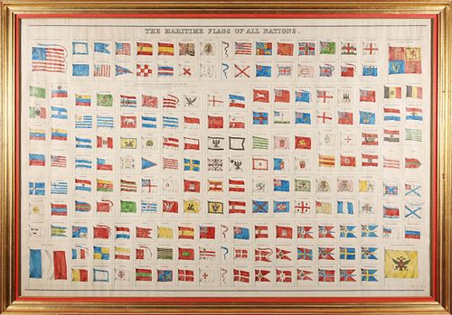 Framed Lithograph "Maritime Flags of All Nations", circa 1855