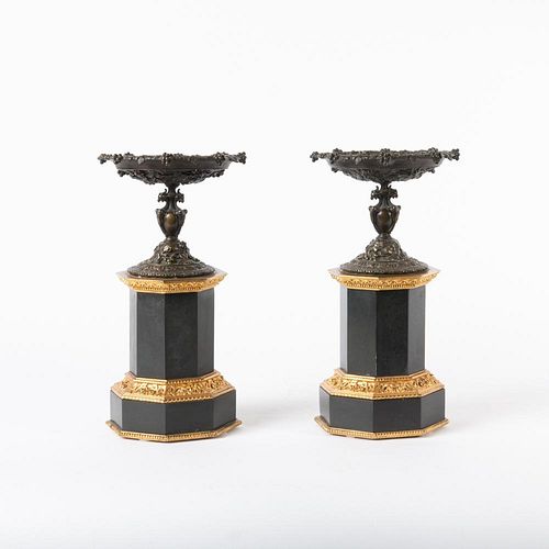19th c. Slate & Bronze Tazza Mantel Garnitures, Pair